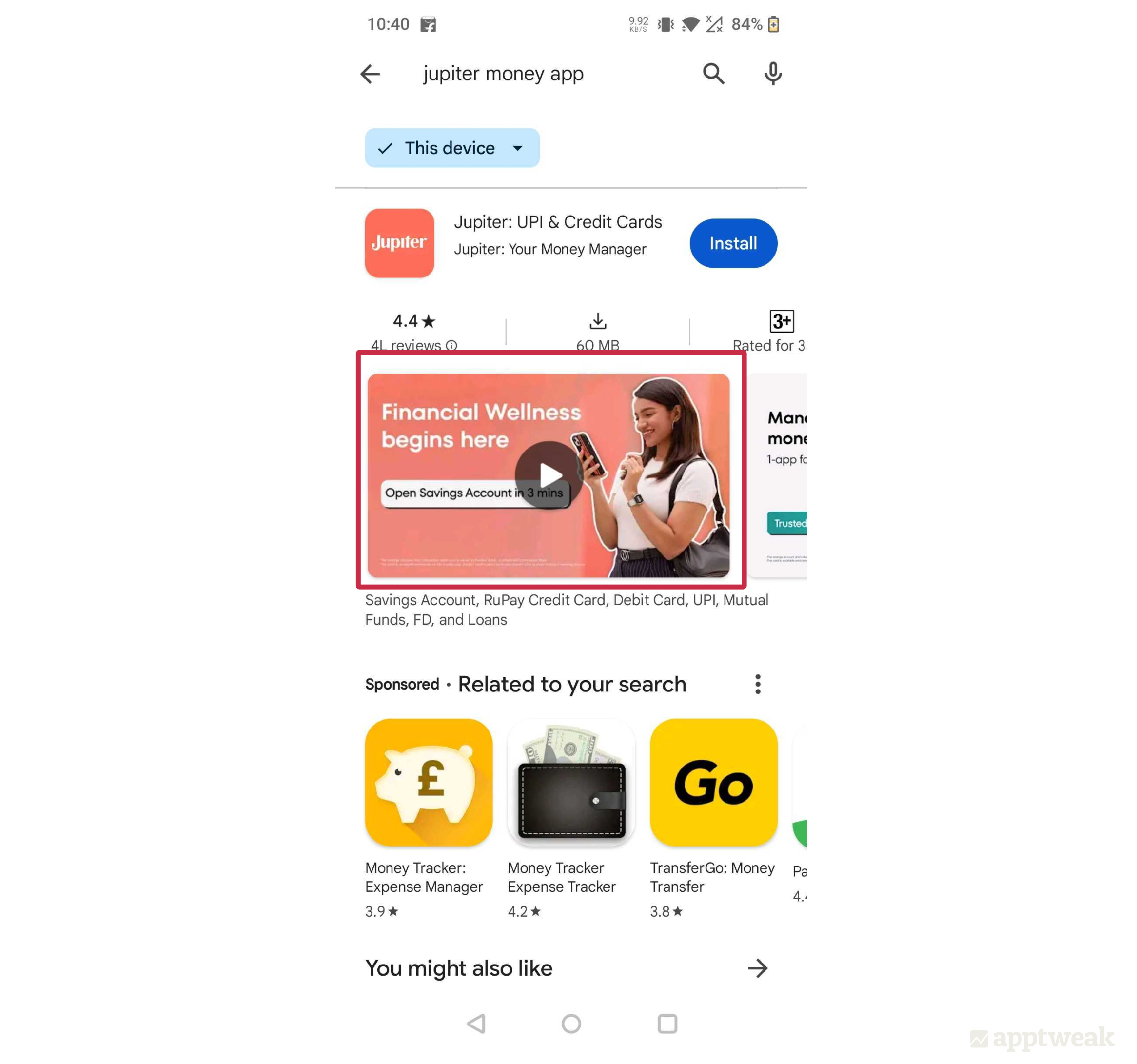 Jupiter Money’s feature graphic displays as the cover image of its promo video and highlights a clear CTA to attract users