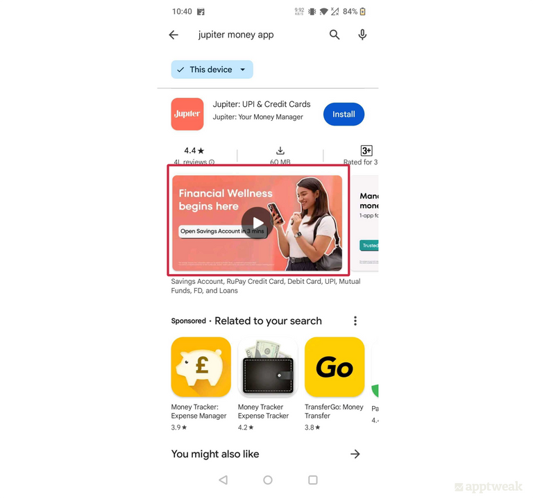 Jupiter Money’s feature graphic displays as the cover image of its promo video and highlights a clear CTA to attract users