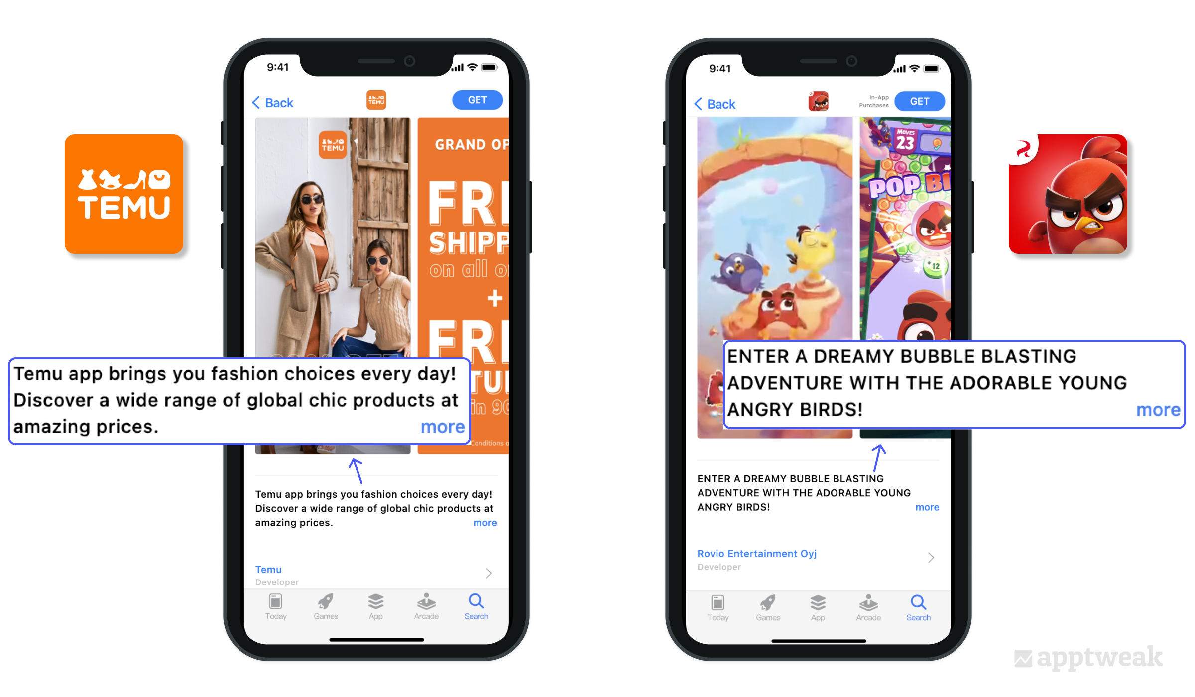 Temu and Angry Birds Journey outline the benefits of their apps in the first three lines of their description to boost conversion
