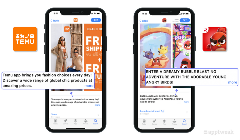 Temu and Angry Birds Journey outline the benefits of their apps in the first three lines of their description to boost conversion