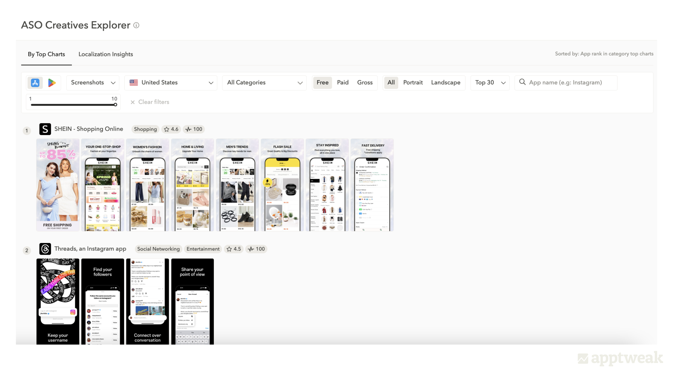 When looking at ASO Creatives based on Top Charts, AppTweak shows the creatives for top-ranked apps and games