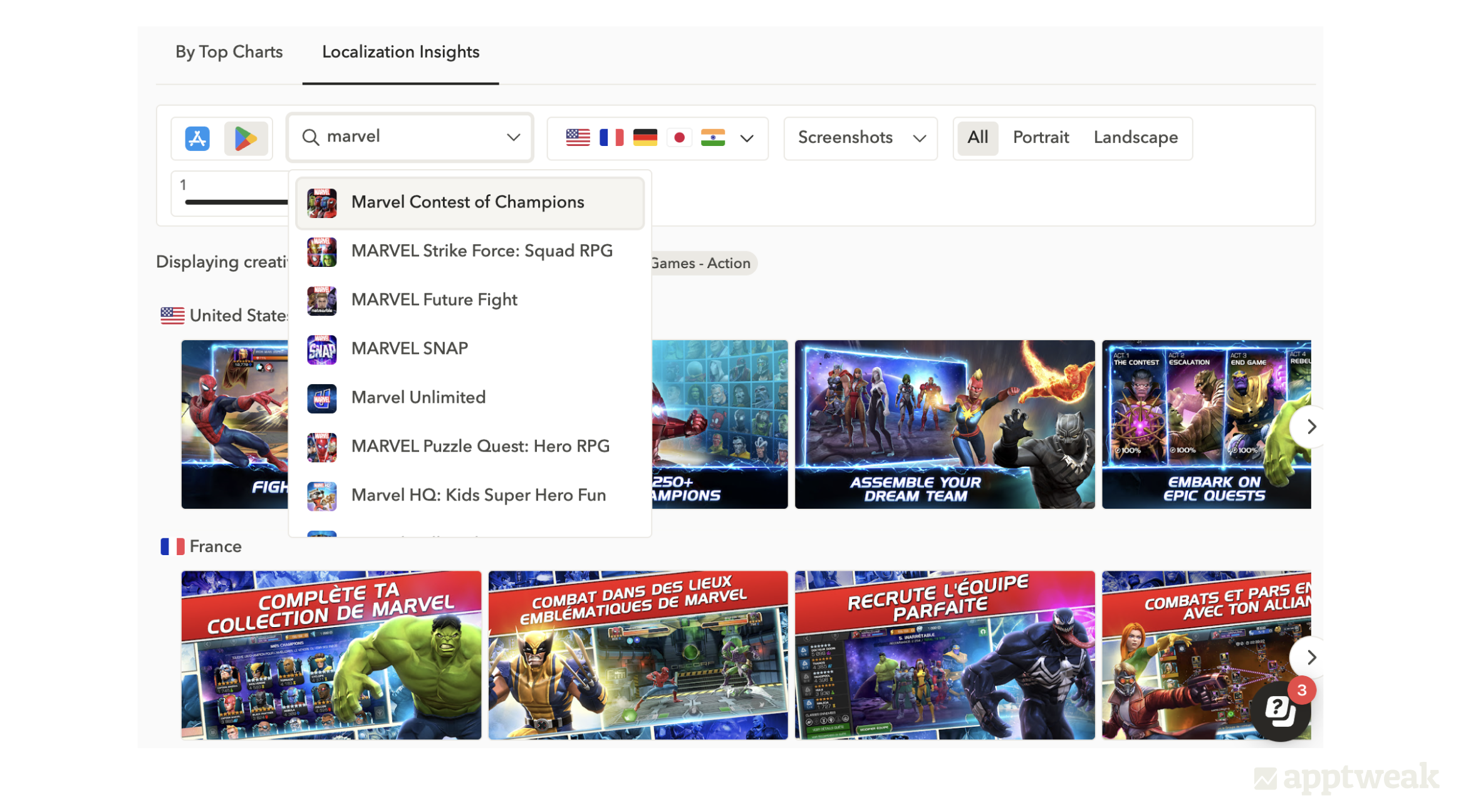Find localization insights in AppTweak's ASO Creatives Explorer to compare creatives from one app in multiple countries