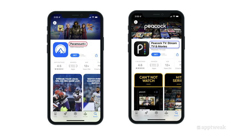 Peacock includes the generic keywords stream, tv, and movies in their title to increase the chances of appearing on a search