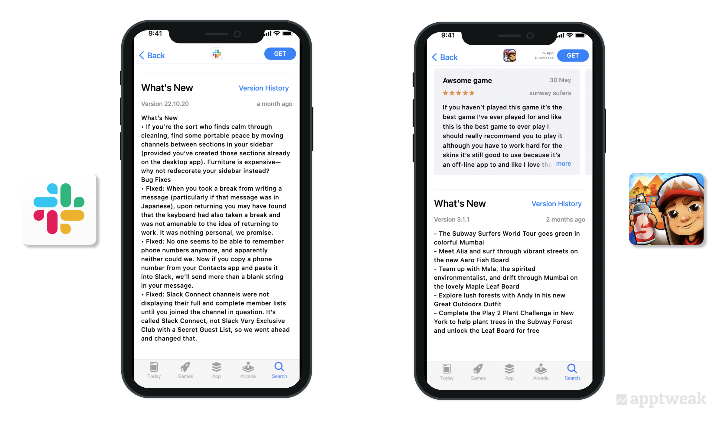 Slack and Subway Surfers use storytelling and a touch of humor to present bug fixes and new additions to the app/game