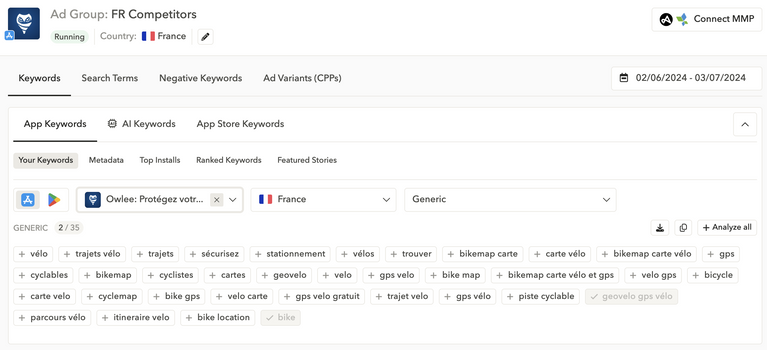 You can find thousands of keyword opportunities for ASA in AppTweak's Search Ads Manager