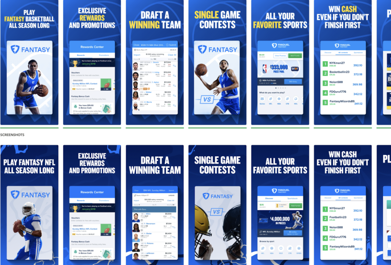 FanDuel Fantasy Sports는 시즌 스포츠 이벤트에 맞춰 스크린샷을 정기적으로 업데이트합니다.