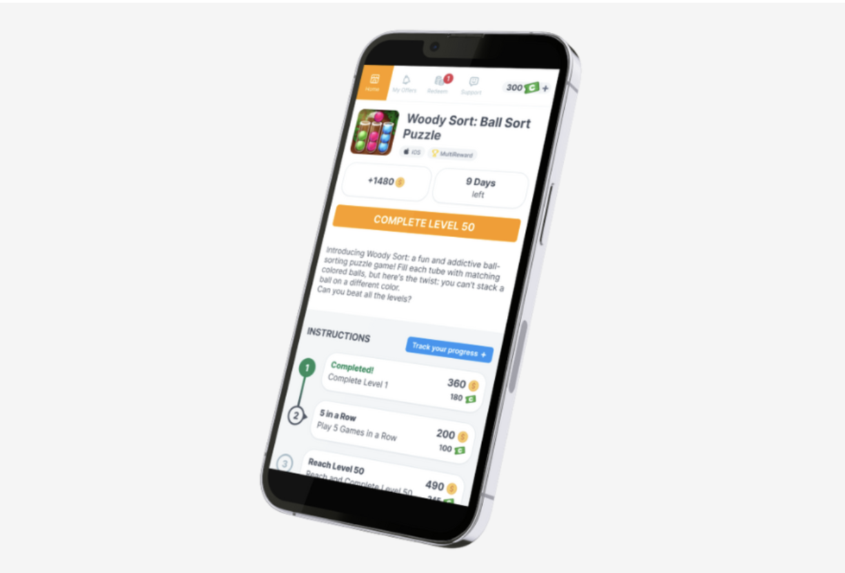 游戏应用的多奖励 Offerwall 广告示例