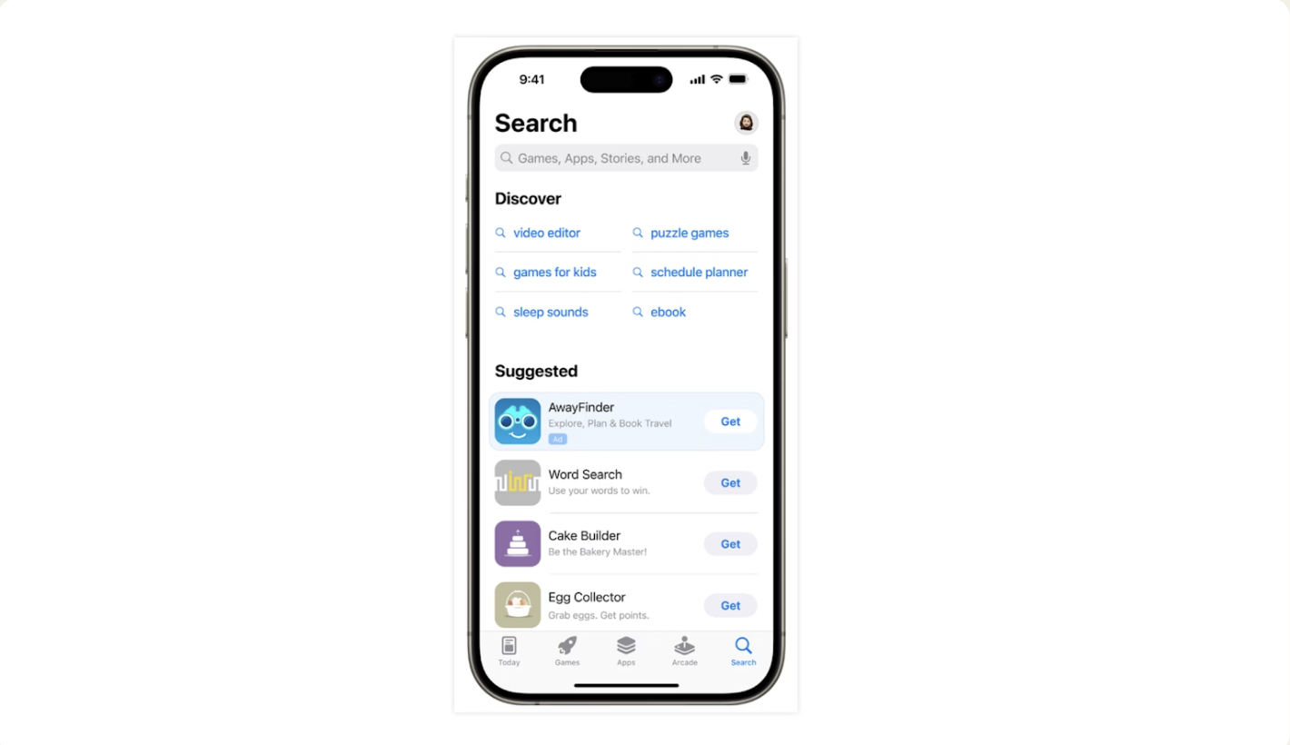 （搜索标签广告帮助您在用户通过App Store搜索之前吸引他们的注意。来源：Apple Search Ads）