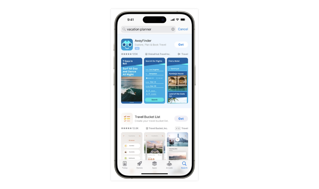 搜索结果广告可以确保用户在 App Store 探索新应用下载时即刻发现您的应用。来源：Apple Search Ads）