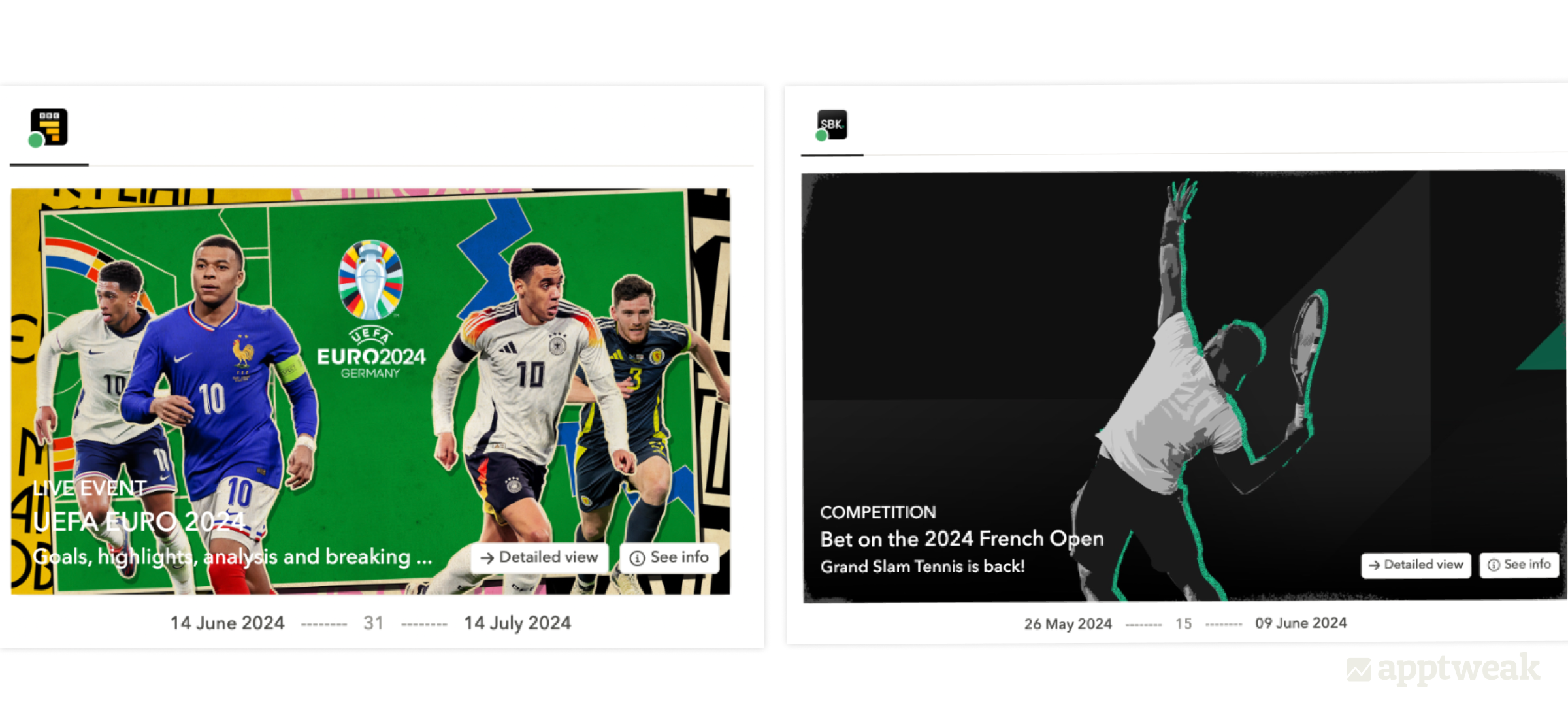 BBC Sports는 UEFA EURO 2024의 라이브 중계를 선보이고 있으며, 스포츠 베팅 앱 SBK는 프랑스 오픈 베팅을 시작하기 위한 인앱 이벤트를 출시하고 있습니다.