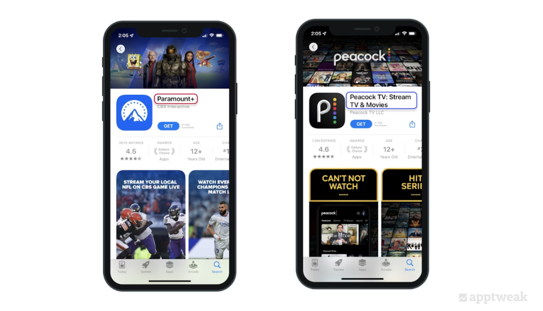Peacock在标题中包含了“stream”（流媒体）、“tv”（电视）和“movies”（电影）等通用关键词，以增加出现在搜索中的机会。来源：AppTweak