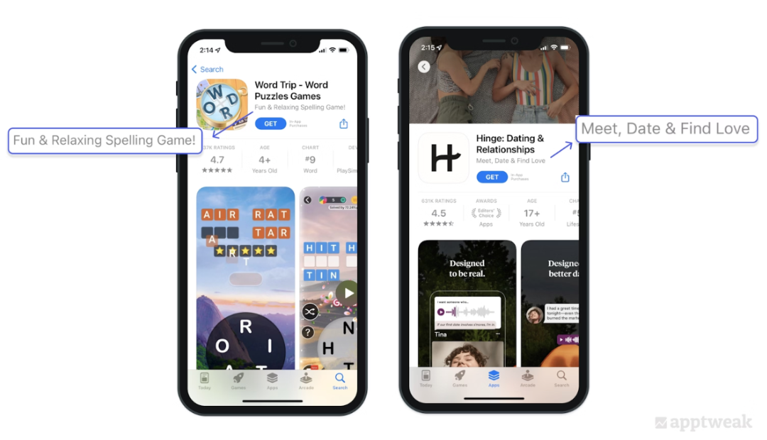 Word Trip和Hinge通过应用副标题展示它们的价值主张。来源：AppTweak
