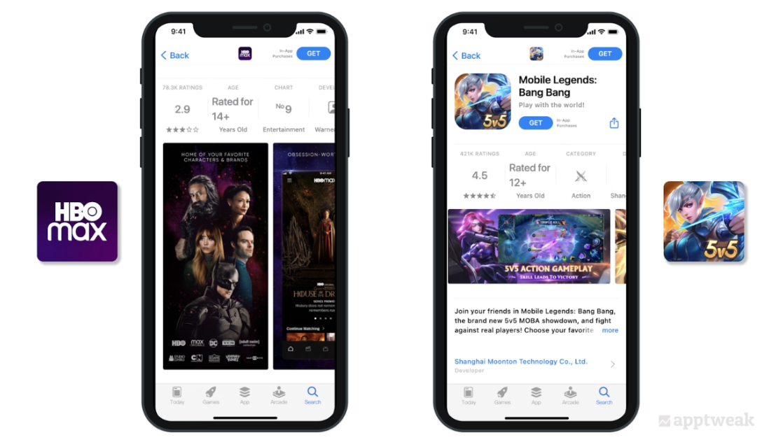 HBO Max在其截图中展示了标志性角色及其相关的电影和/或系列，而Mobile Legends展示了竞争性和合作性的游戏玩法。来源：AppTweak