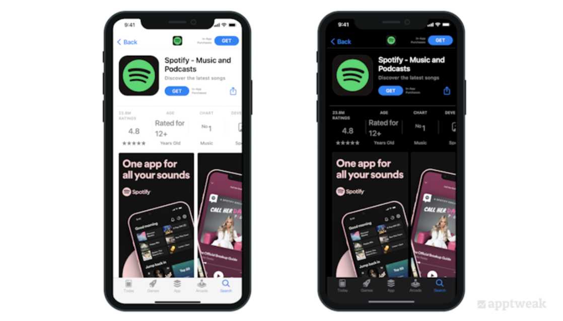 Spotify 优化了其截图以适应夜间模式，从而改善了商店访问者的体验。 来源：AppTweak