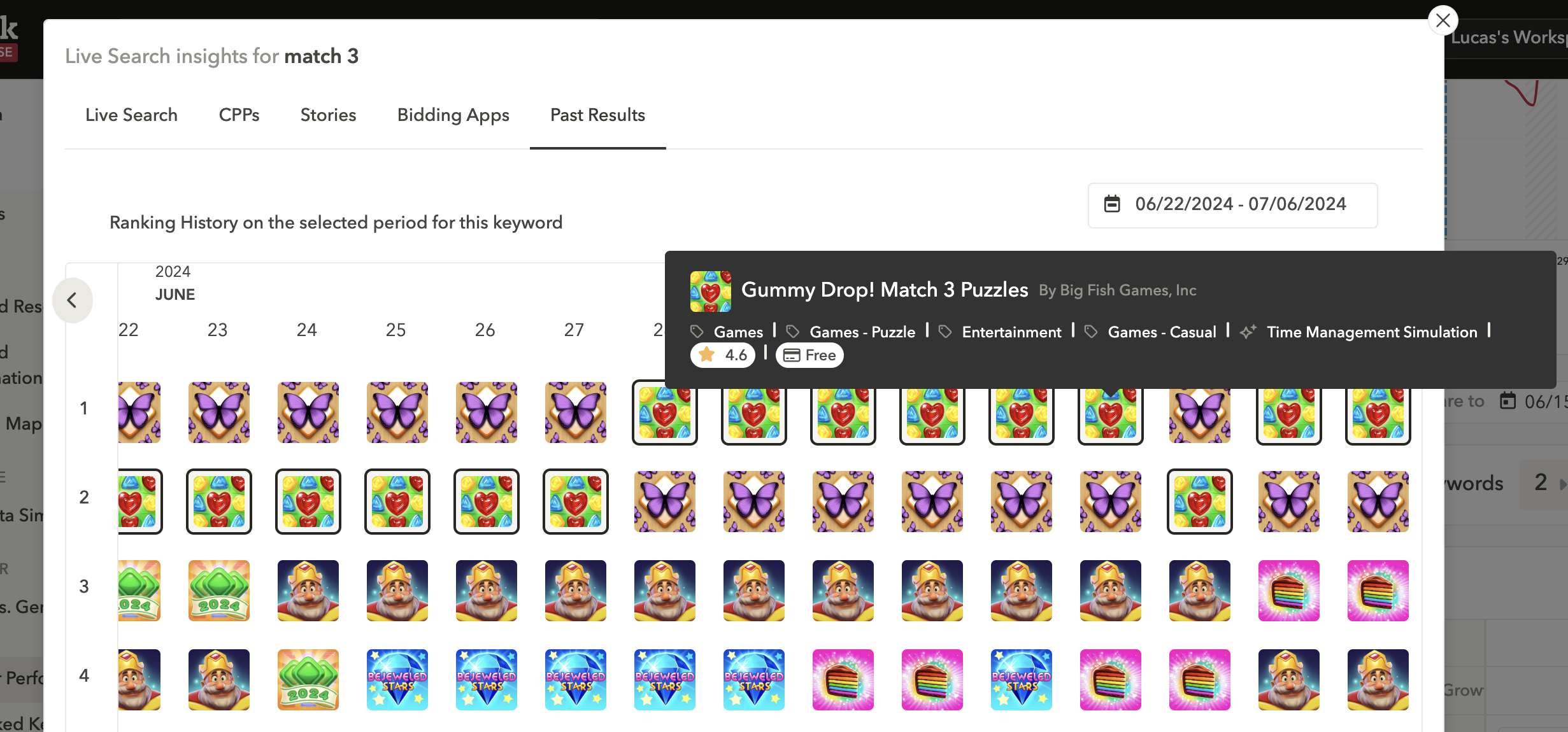 View past keyword search results for the App Store and Google Play with AppTweak