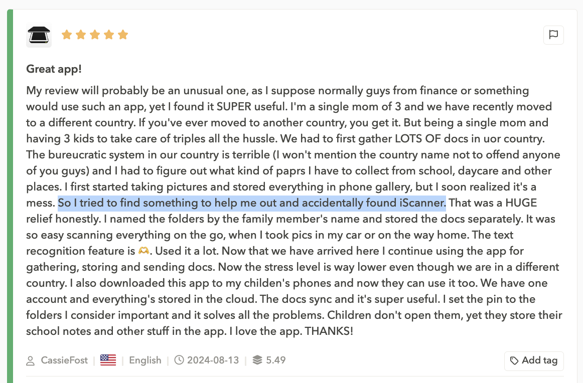 An iScanner user shares how the app helps with daily tasks like storing documents. Source: AppTweak app reviews features