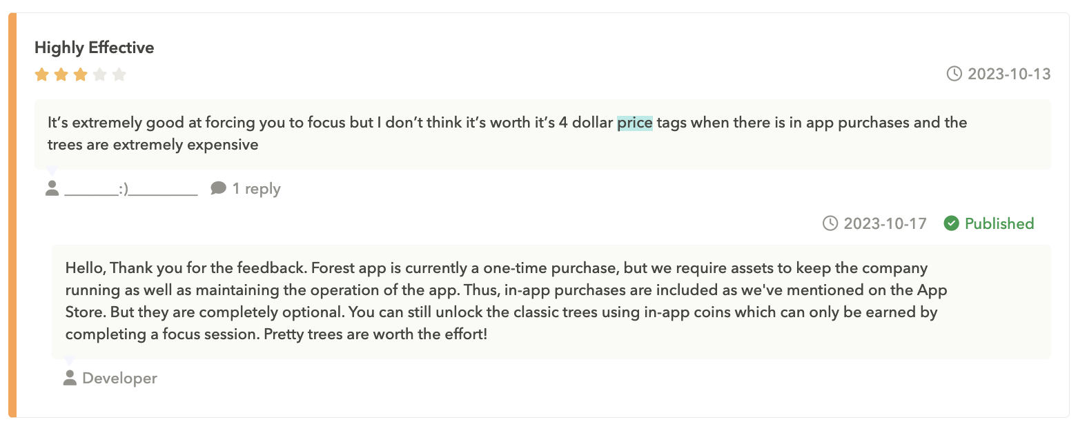 User feedback for the $4 Forest app led developers to clarify pricing and better highlight the value of the app’s basic version (App Store, US). Source: AppTweak app reviews