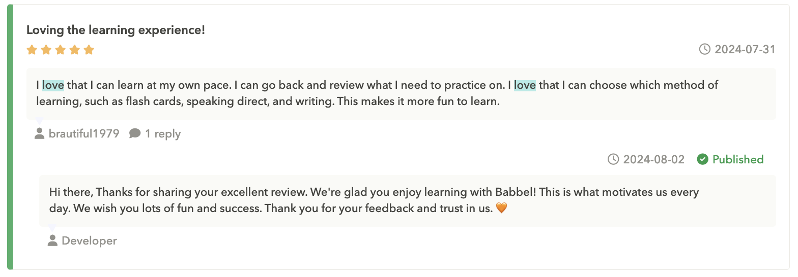 A user praises Babbel's flexible learning pace and flashcards, which could be a perfect testimonial for marketing (App Store, US). Source: AppTweak app reviews