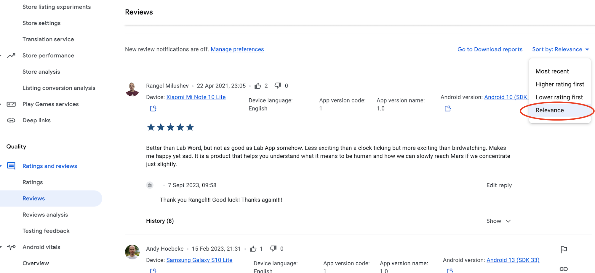 Reviews tab, Google Play Console