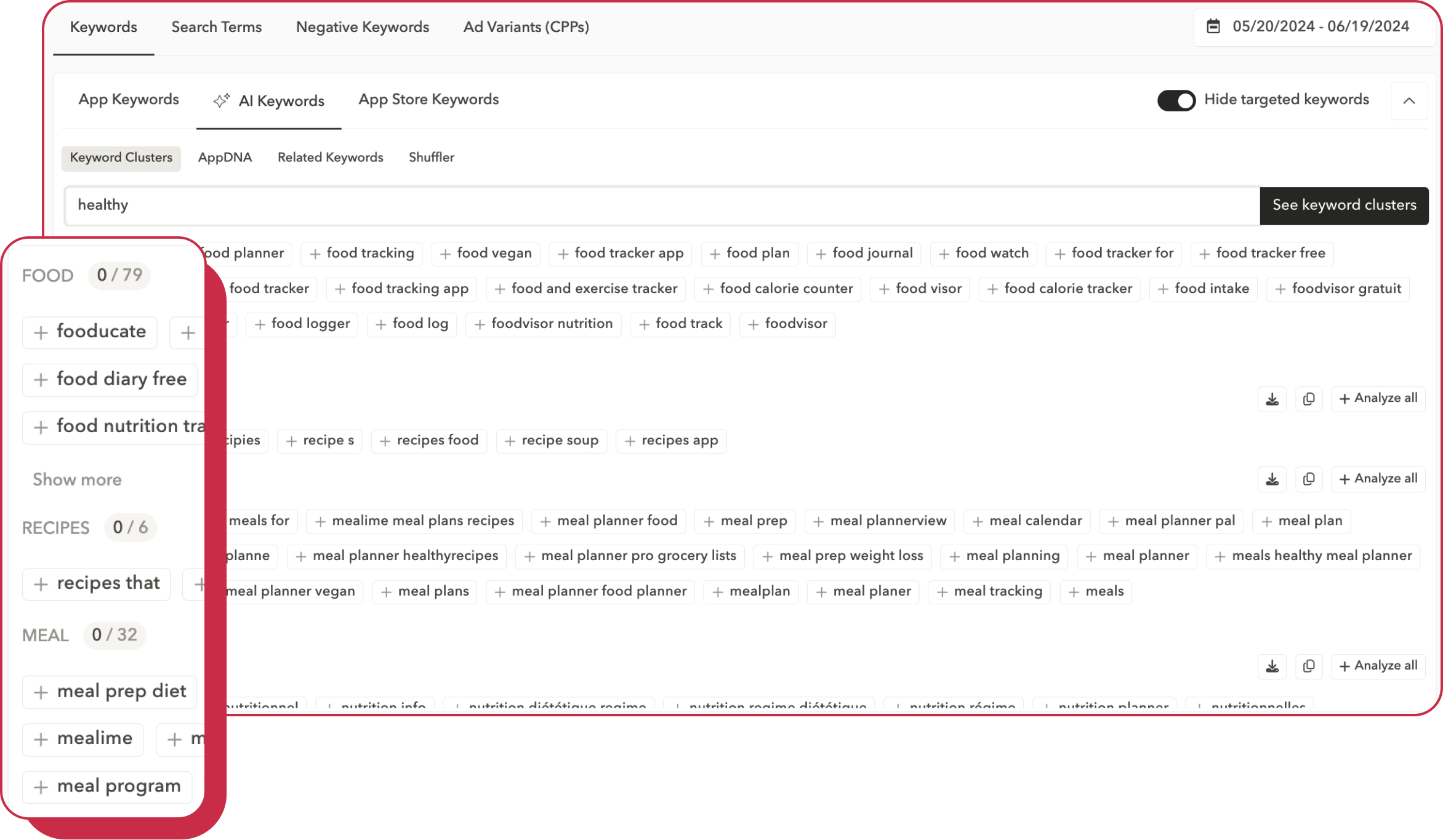 AppTweakの受賞歴のあるキーワードピッキングツールは、Search Ads Managerプラットフォームに統合されており、完全一致のディスカバリーキャンペーンに数千ものキーワードを簡単に追加できます。