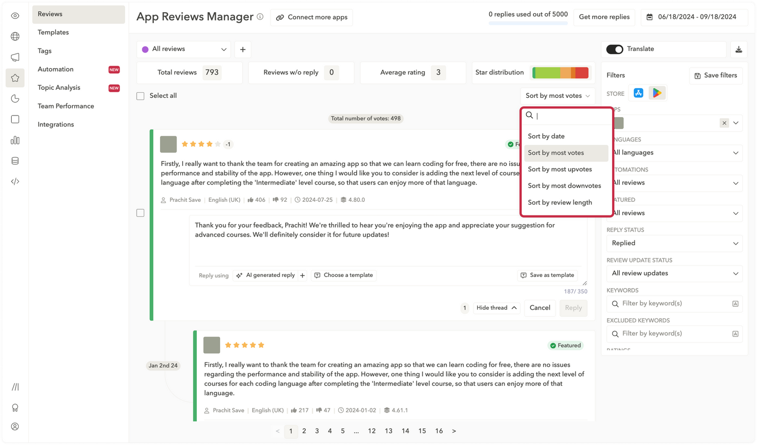 日付、高評価、低評価、長さなどでアプリレビューをワンクリックで並べ替え。出典:AppTweak