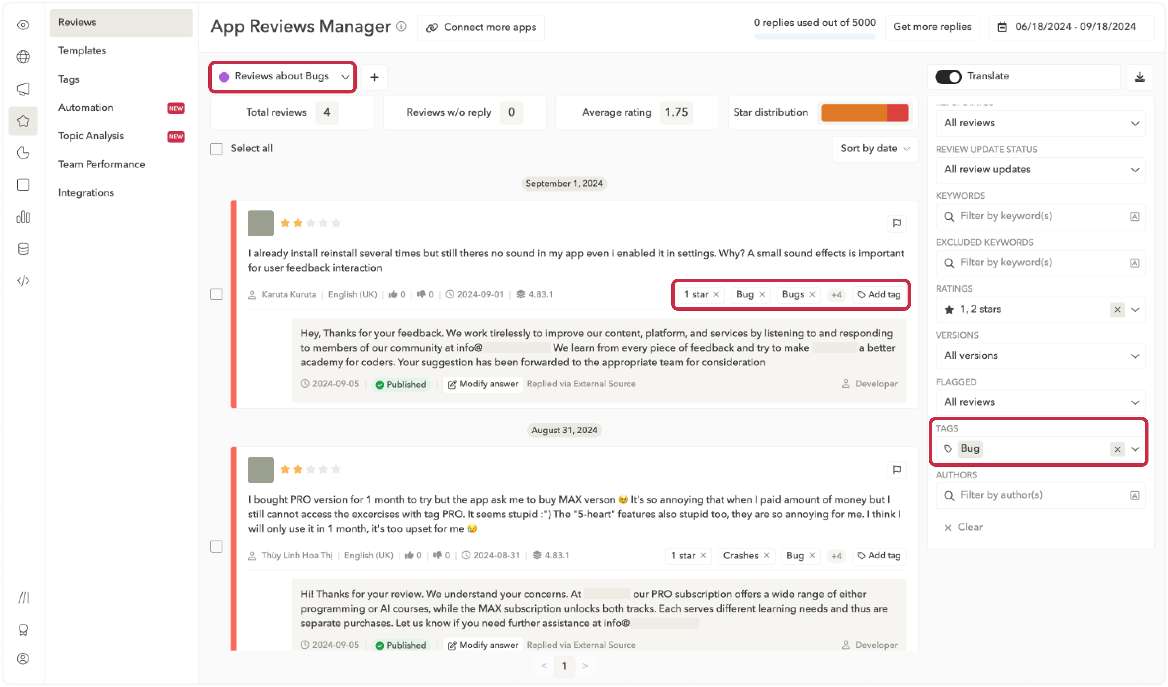 More quickly access app reviews based on feedback criteria with automated tags. Source: AppTweak