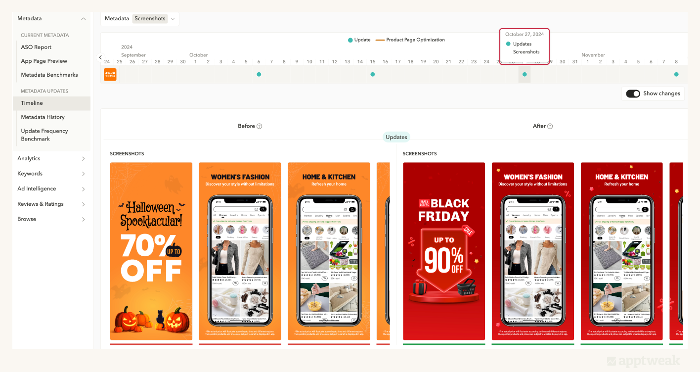 AppTweakのタイムライン機能 – 季節イベントに向けたスクリーンショット更新のビュー。注目アプリ:Temu(米国)。出典:AppTweak