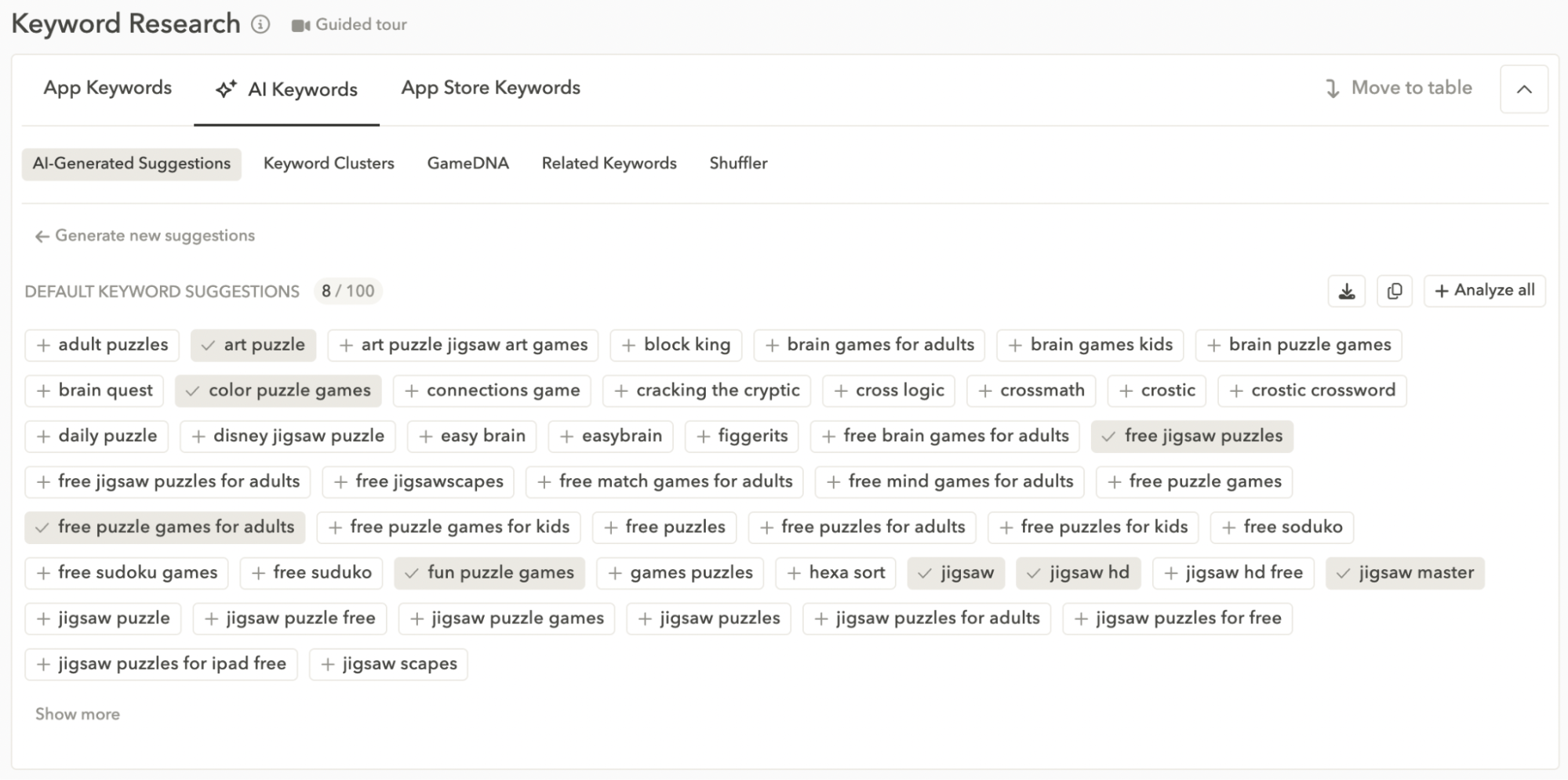 App keyword research - AI keyword suggestions in AppTweak’s Keyword Tool