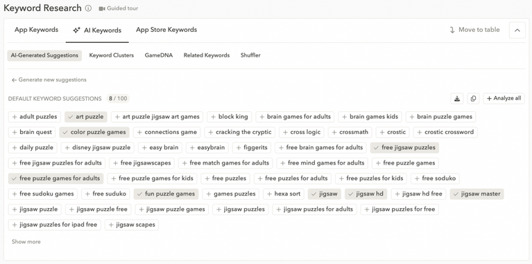 App keyword research - AI keyword suggestions in AppTweak’s Keyword Tool