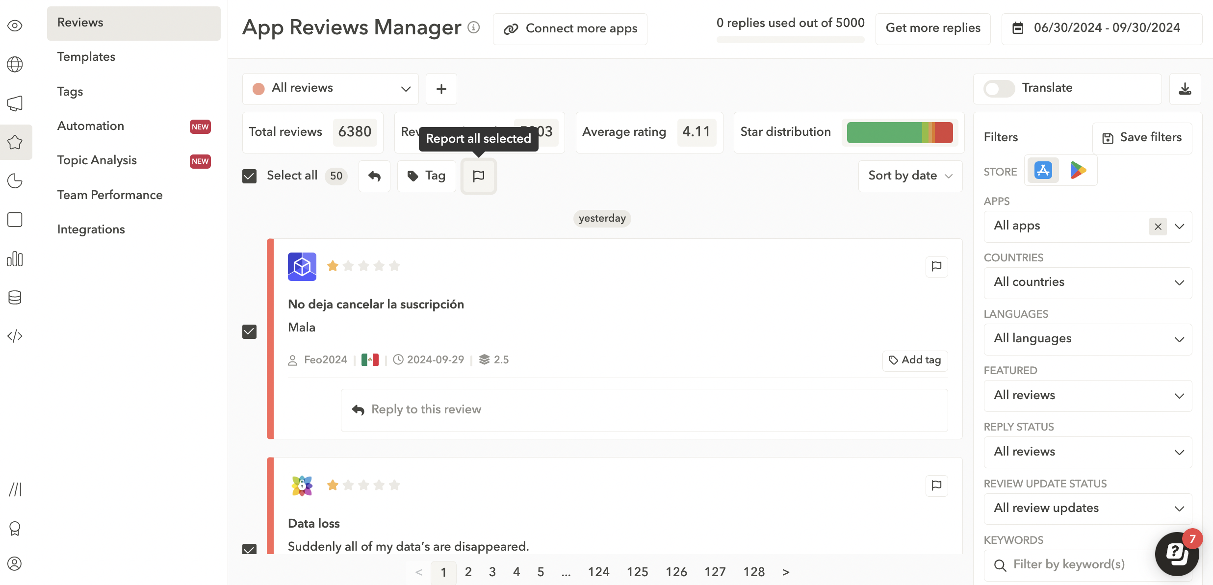 How to report multiple app reviews in one click with AppTweak