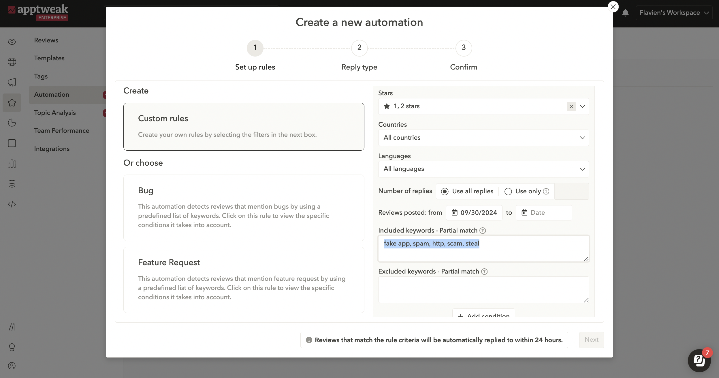 Set up a custom automation rule to automatically tag or reply to all your fake app reviews