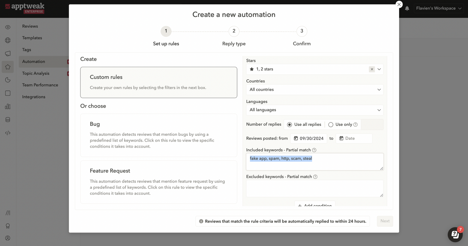 Set up a custom automation rule to automatically tag or reply to all your fake app reviews