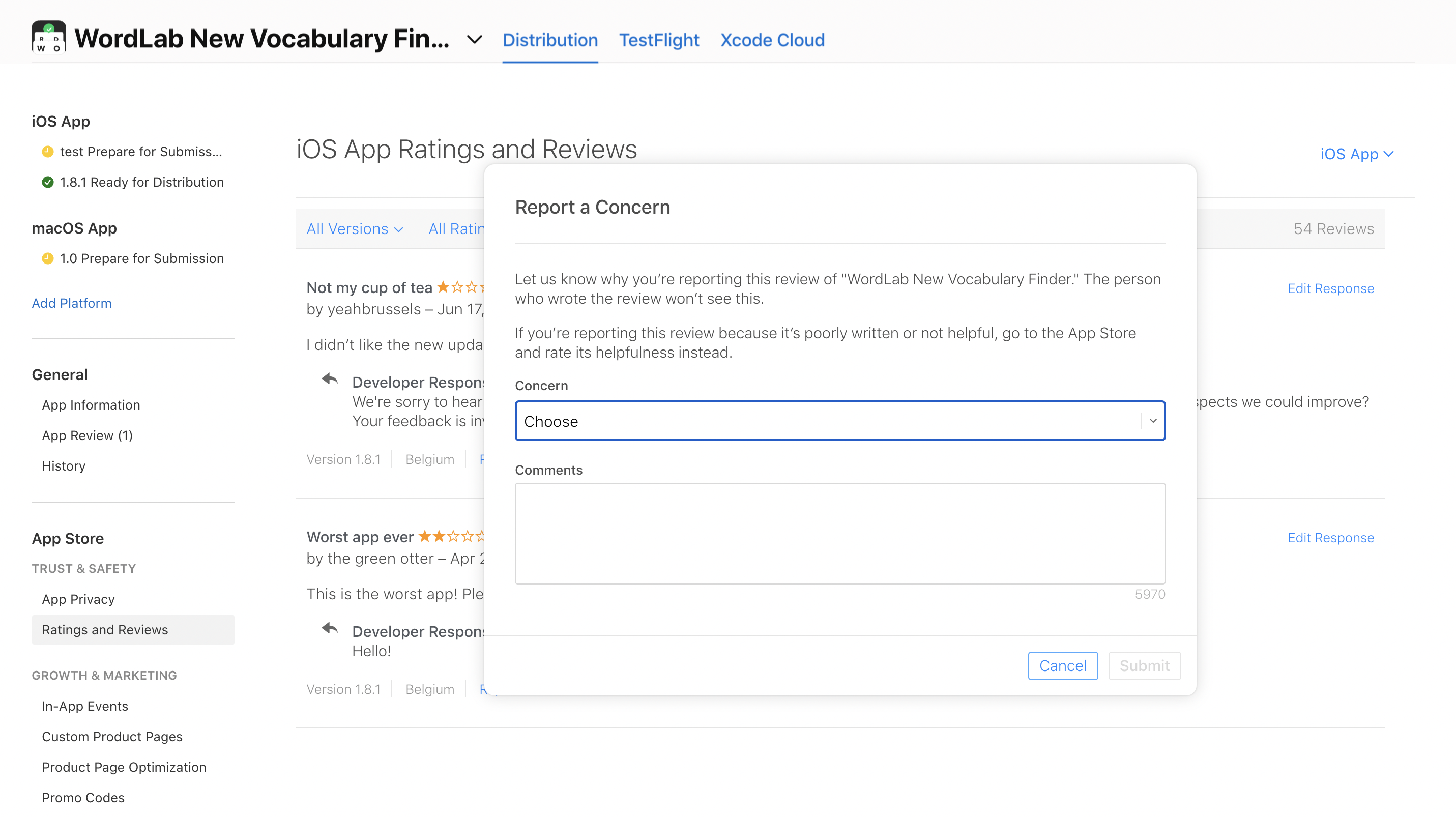 Reporting an app review on App Store Connect