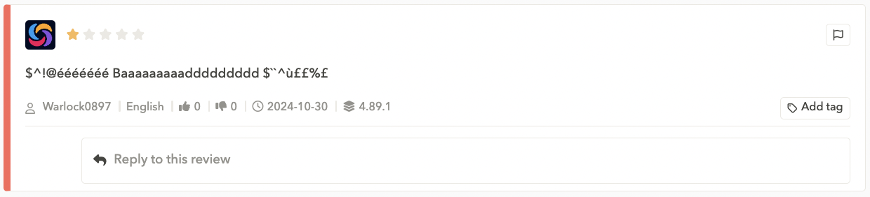 Example of a fake app review containing excessive punctuation marks