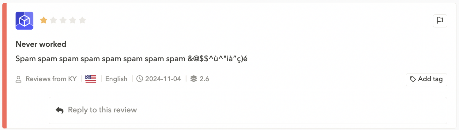 Example of a fake app review left with repetitive text