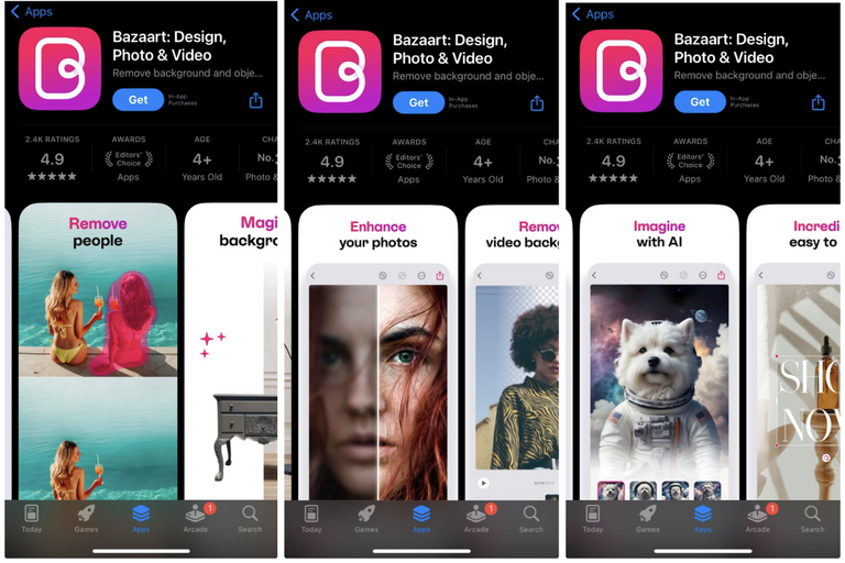L'application de conception photographique Bazaart mettant en avant ses diverses fonctionnalités avec des pages produits personnalisées