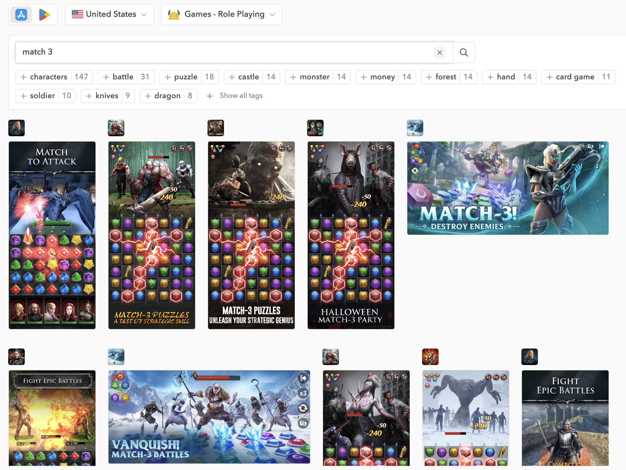 Search for specific game mechanics (like “match 3” in the Role-Playing category) to analyze trends, UI choices, and common design patterns for new game launches