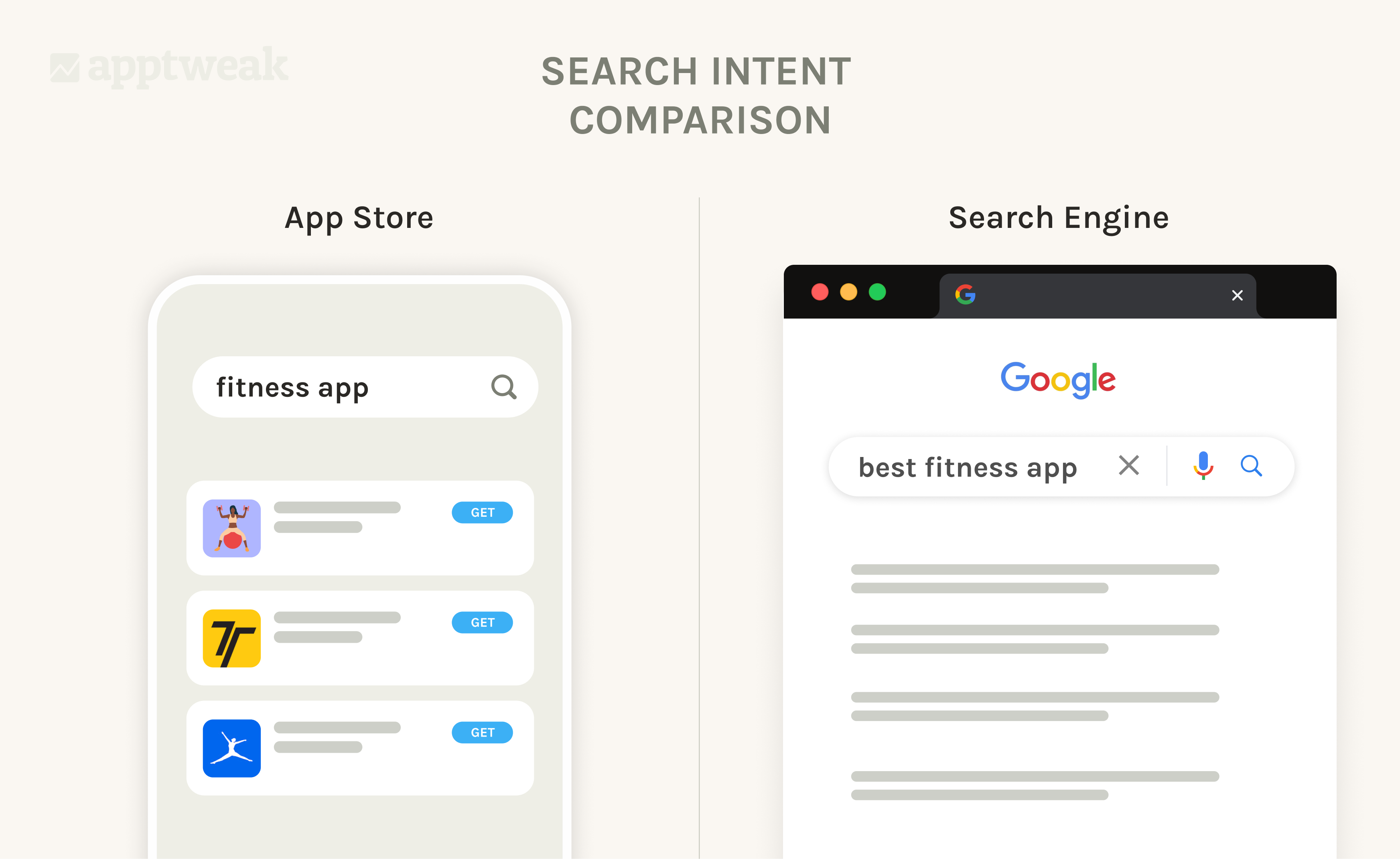 ASO vs. SEO - Visual comparison showing an app store search on a phone and a search in a web bar to reveal ASO vs SEO differences.