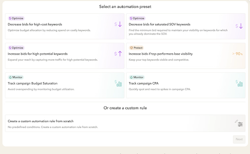 Examples of the types of automation rules available in AppTweak to monitor Apple Search Ads.