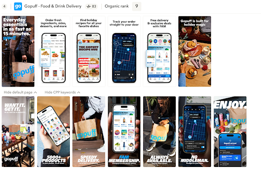Custom product pages in Apple Search Ads: Two different custom product pages of delivery app Gopuff.