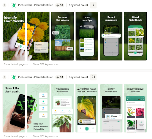 Showcasing how a plant app can have two different versions of its Apple Search Ads custom product page to meet the different user needs.