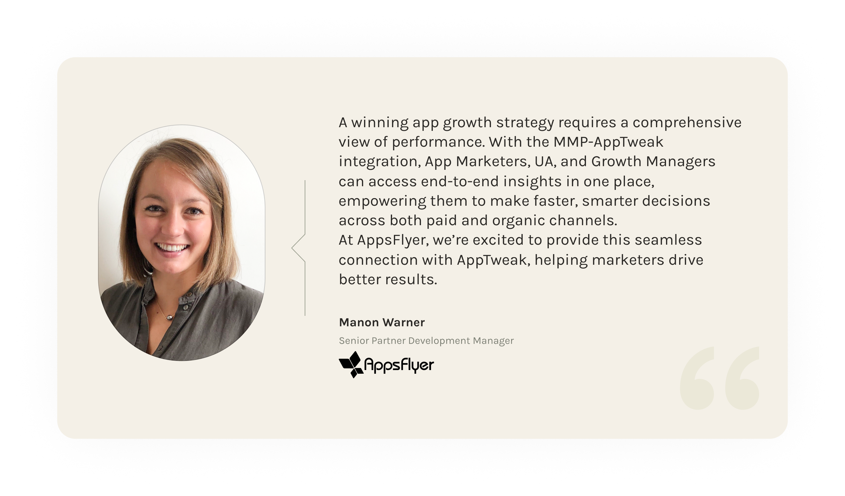 Quote from MMP AppsFlyer on why it's important to connect your MMP to AppTweak