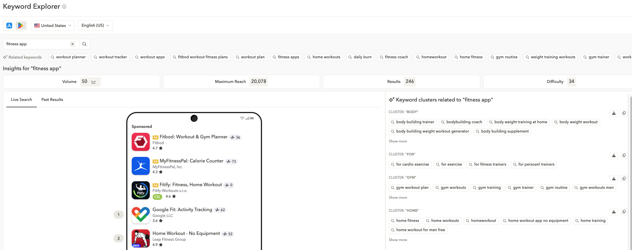 AppTweak's Keyword Research revealing keywords for "running".
