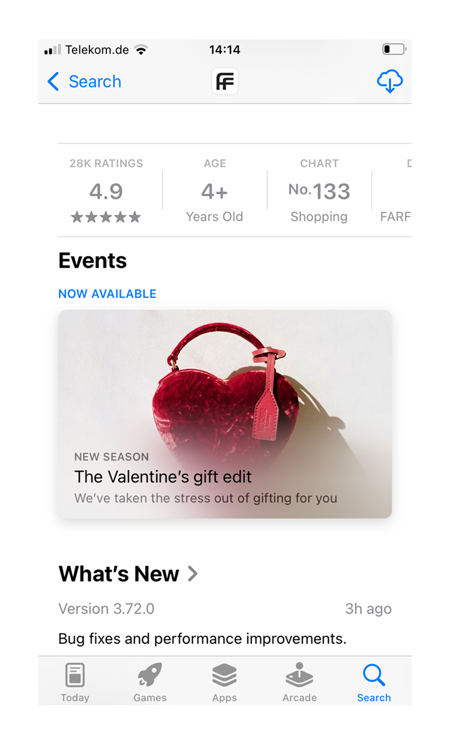 Changement d'interface pour les événements in-app avec le bouton obtenir qui n'apparaît plus pour les visiteurs du magasin qui n'ont pas la app installée