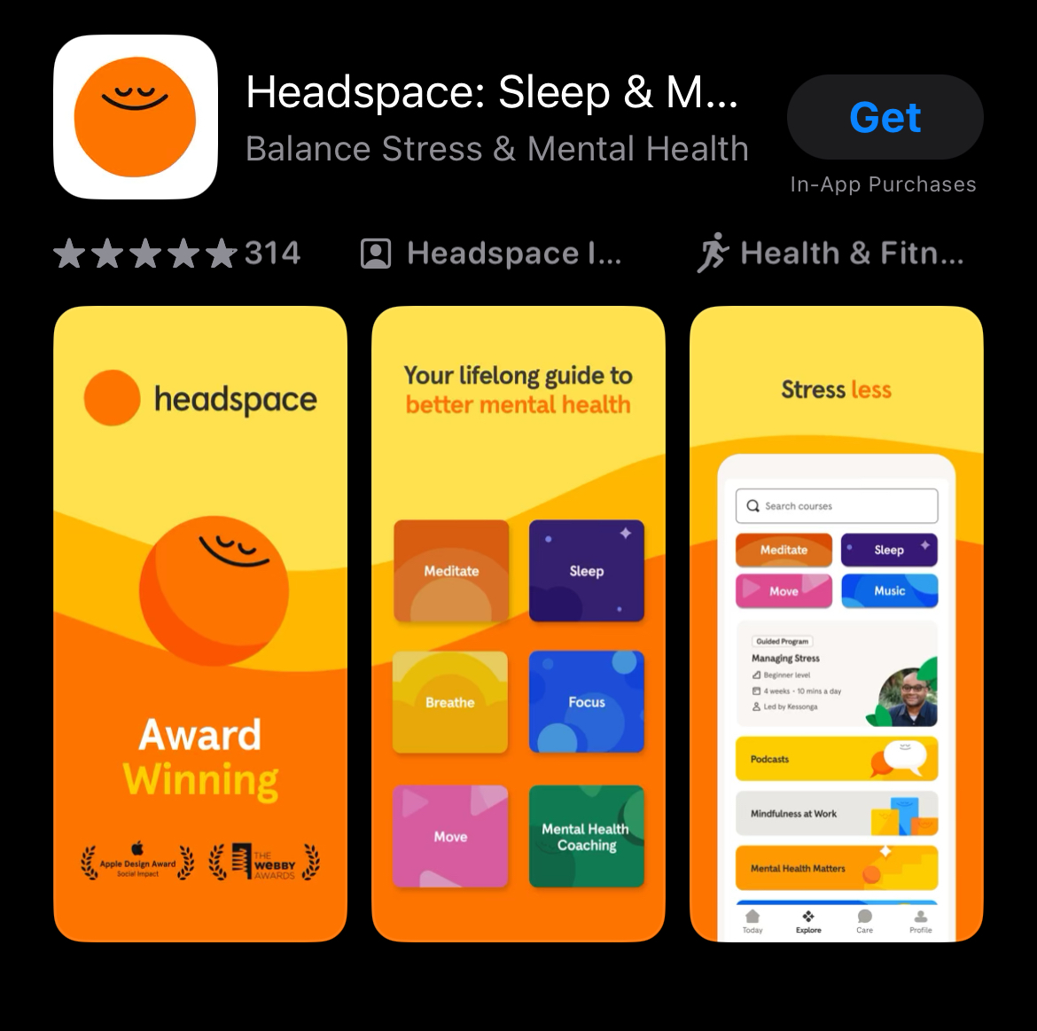 App store screenshots guidelines - Headspace’s first screenshot on the App Store focuses on building trust
