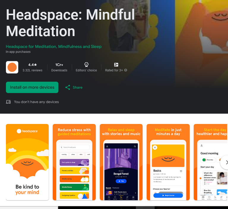 Headspace on Google Play uses the first app screenshot to convey the core app’s value: mindfulness and mental health care support.