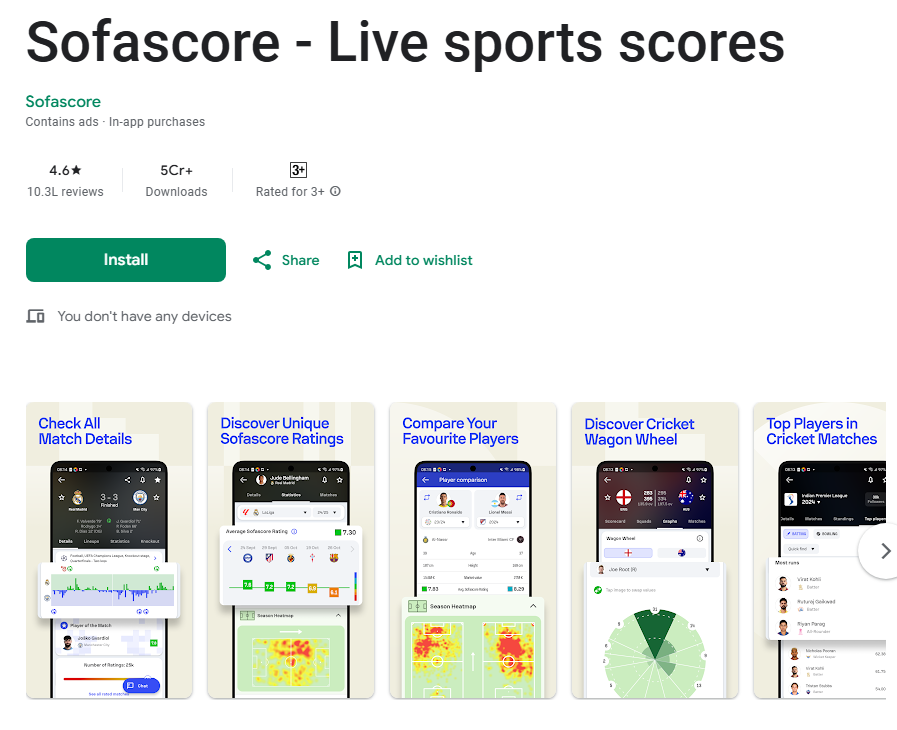 Why the first three app screenshots matter most: example of Sofascore on Google Play