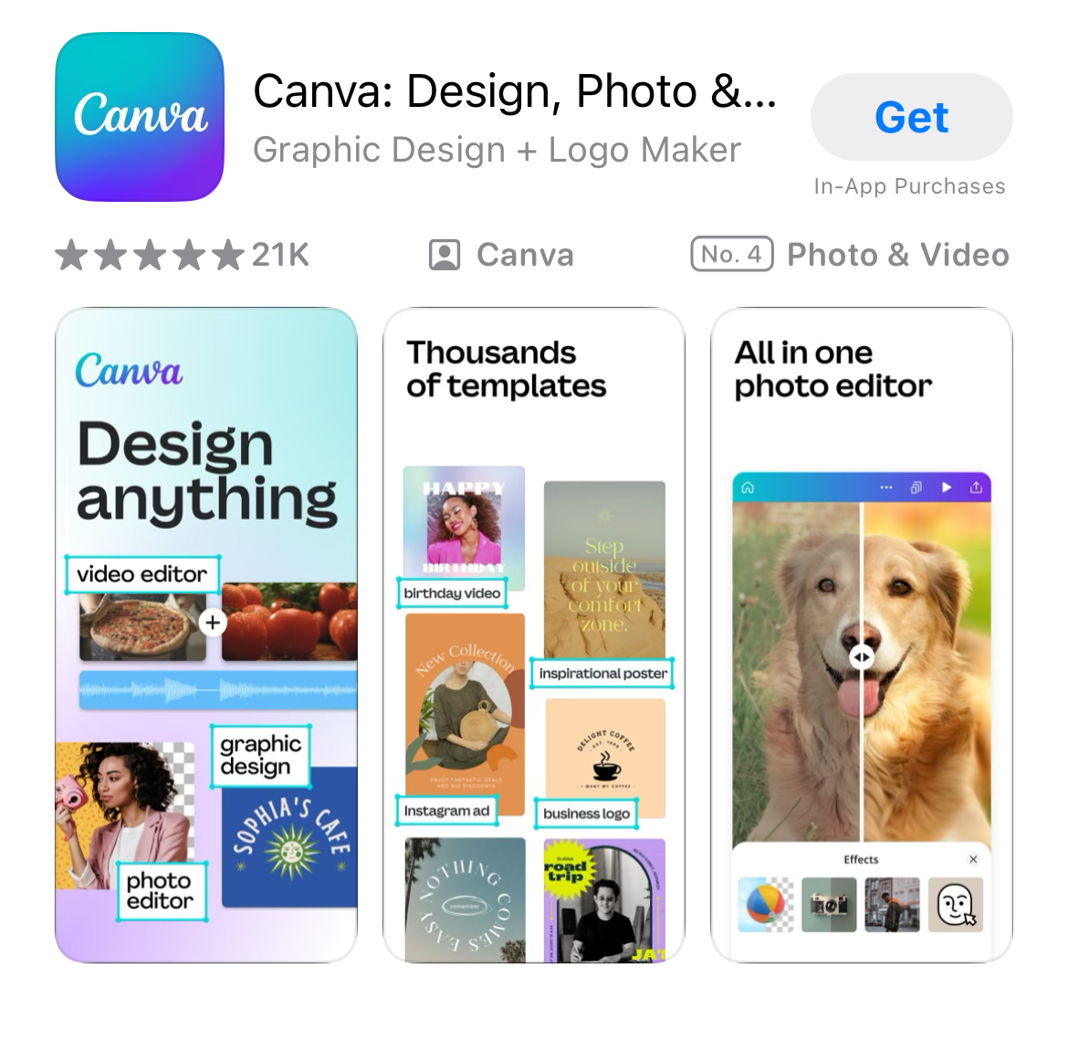 Example of the app Canva's screenshots on the App Store