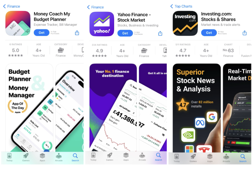 App screenshots from finance apps