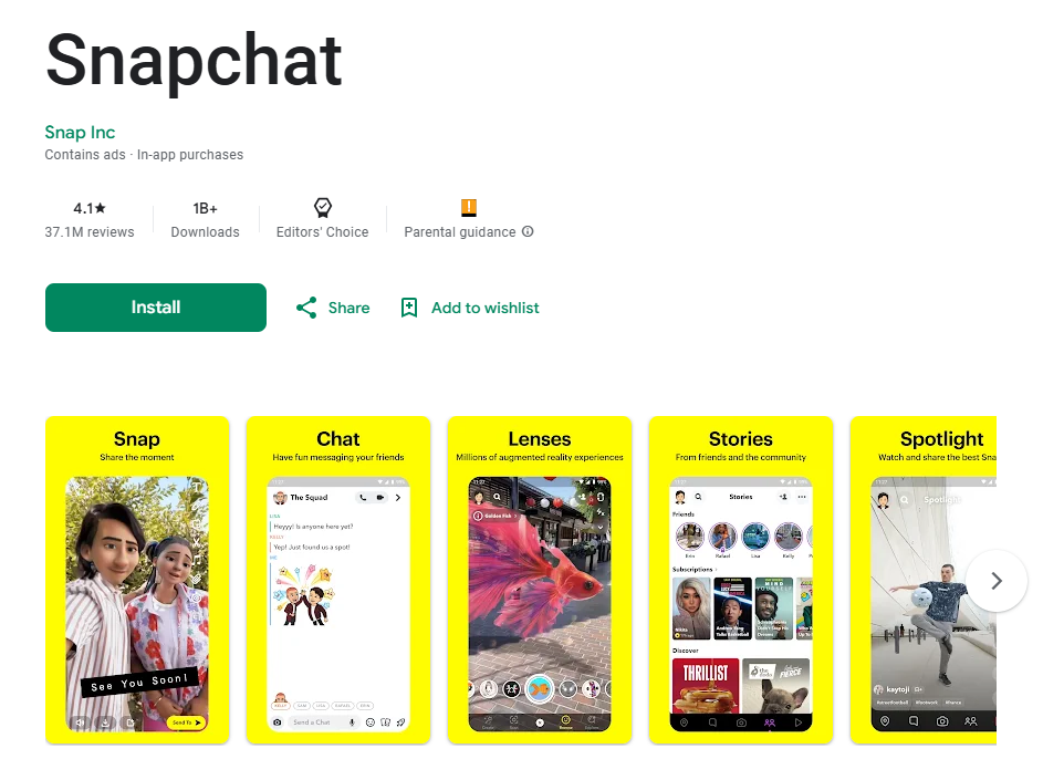 Aso screenshots best practices include keeping consistent branding, as Snapchat does in these screenshots